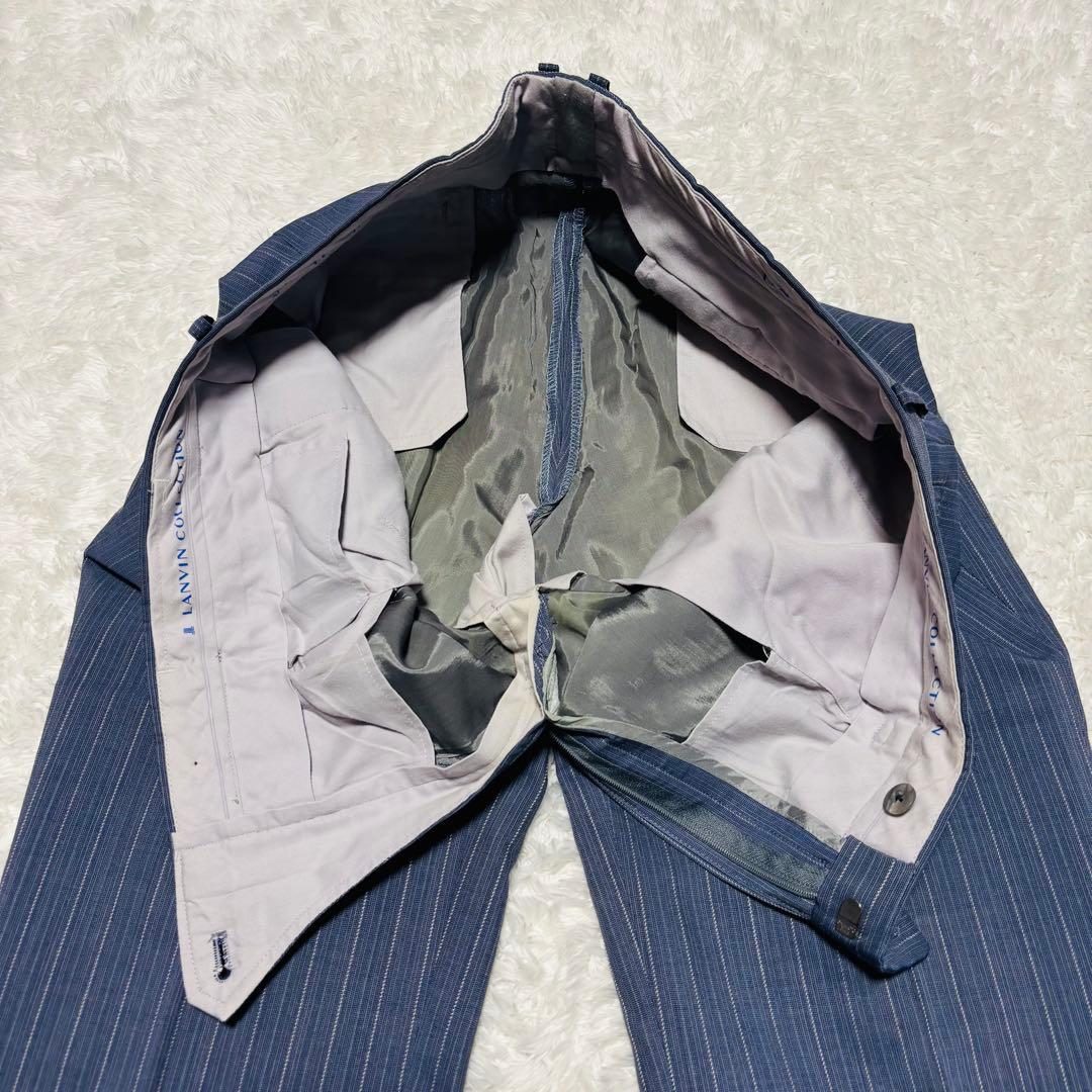 希少カラー ランバン 3ピース 高級 スーツ モヘヤ混 ブルー ストライプ M