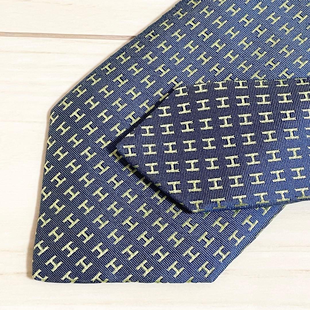 HERMES　エルメス　ネクタイ　ファソネ　総H柄 H織　ブルー　グリーン　青