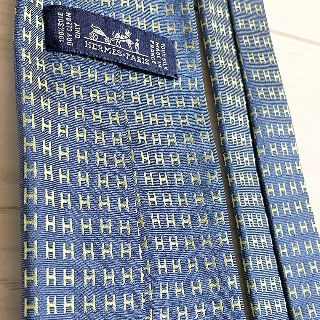 HERMES　エルメス　ネクタイ　ファソネ　総H柄 H織　ブルー　グリーン　青