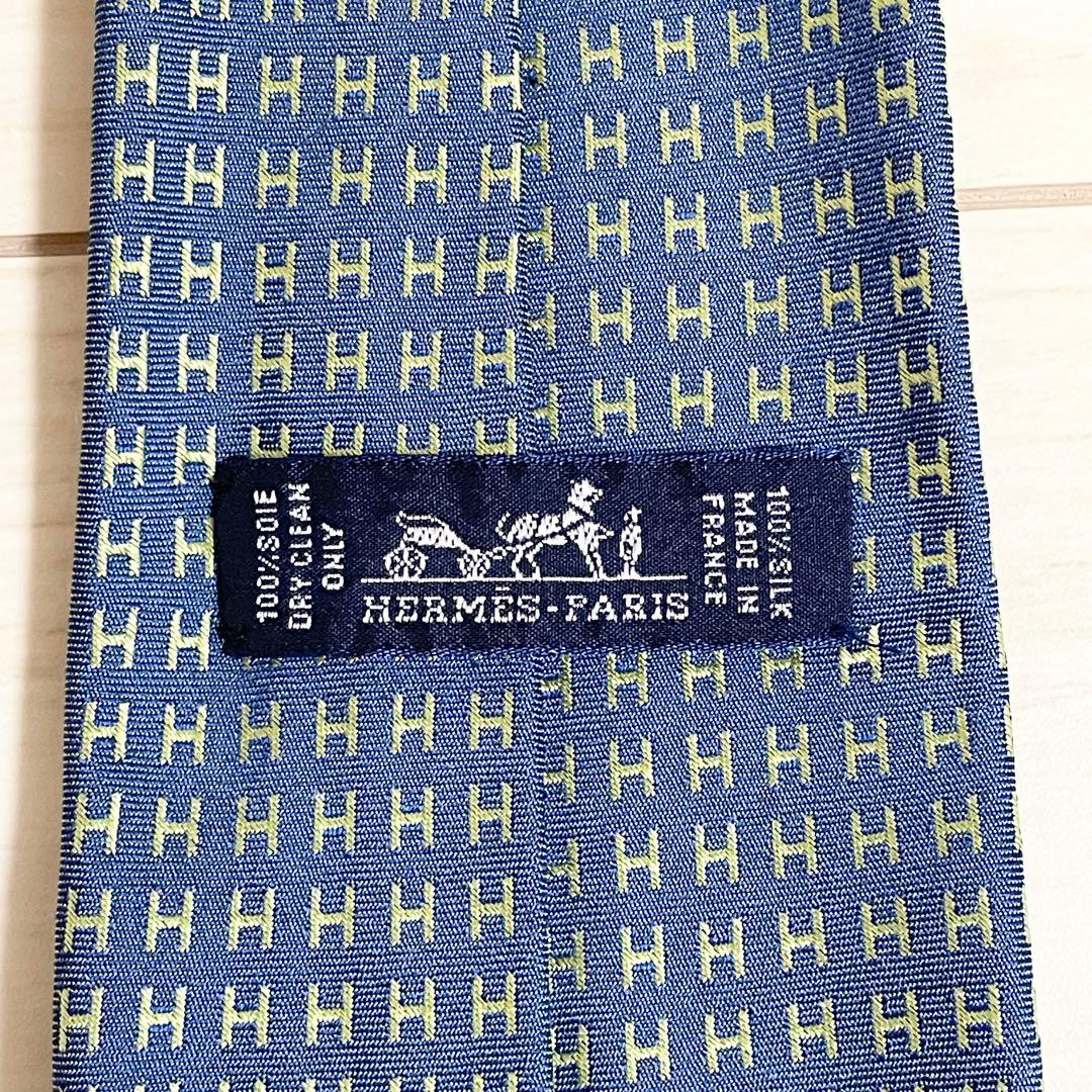 HERMES　エルメス　ネクタイ　ファソネ　総H柄 H織　ブルー　グリーン　青
