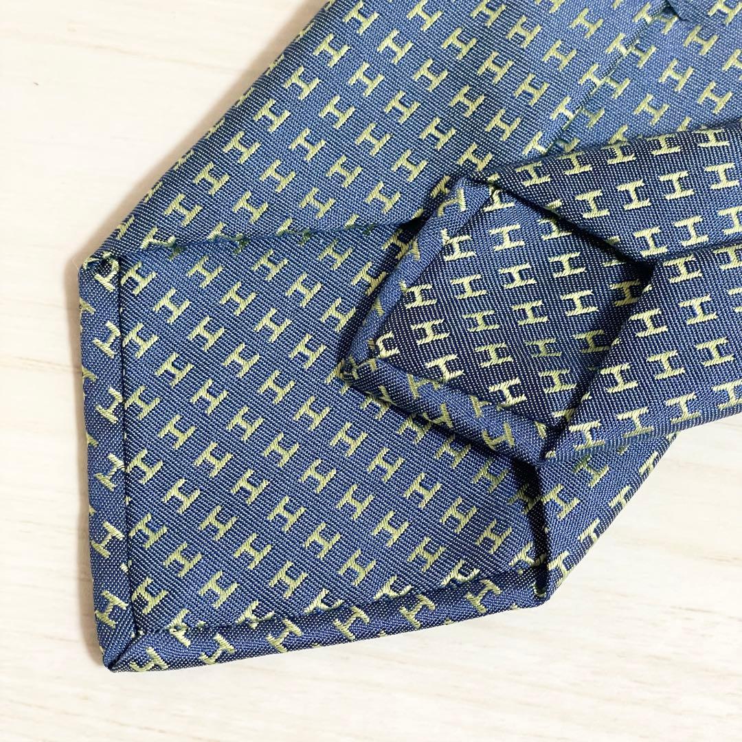 HERMES　エルメス　ネクタイ　ファソネ　総H柄 H織　ブルー　グリーン　青