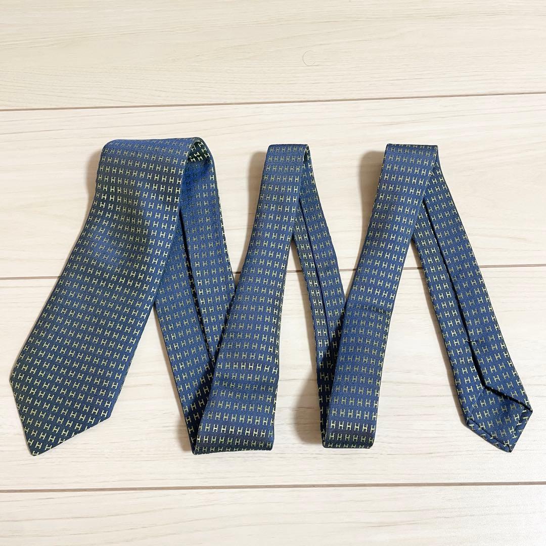 HERMES　エルメス　ネクタイ　ファソネ　総H柄 H織　ブルー　グリーン　青