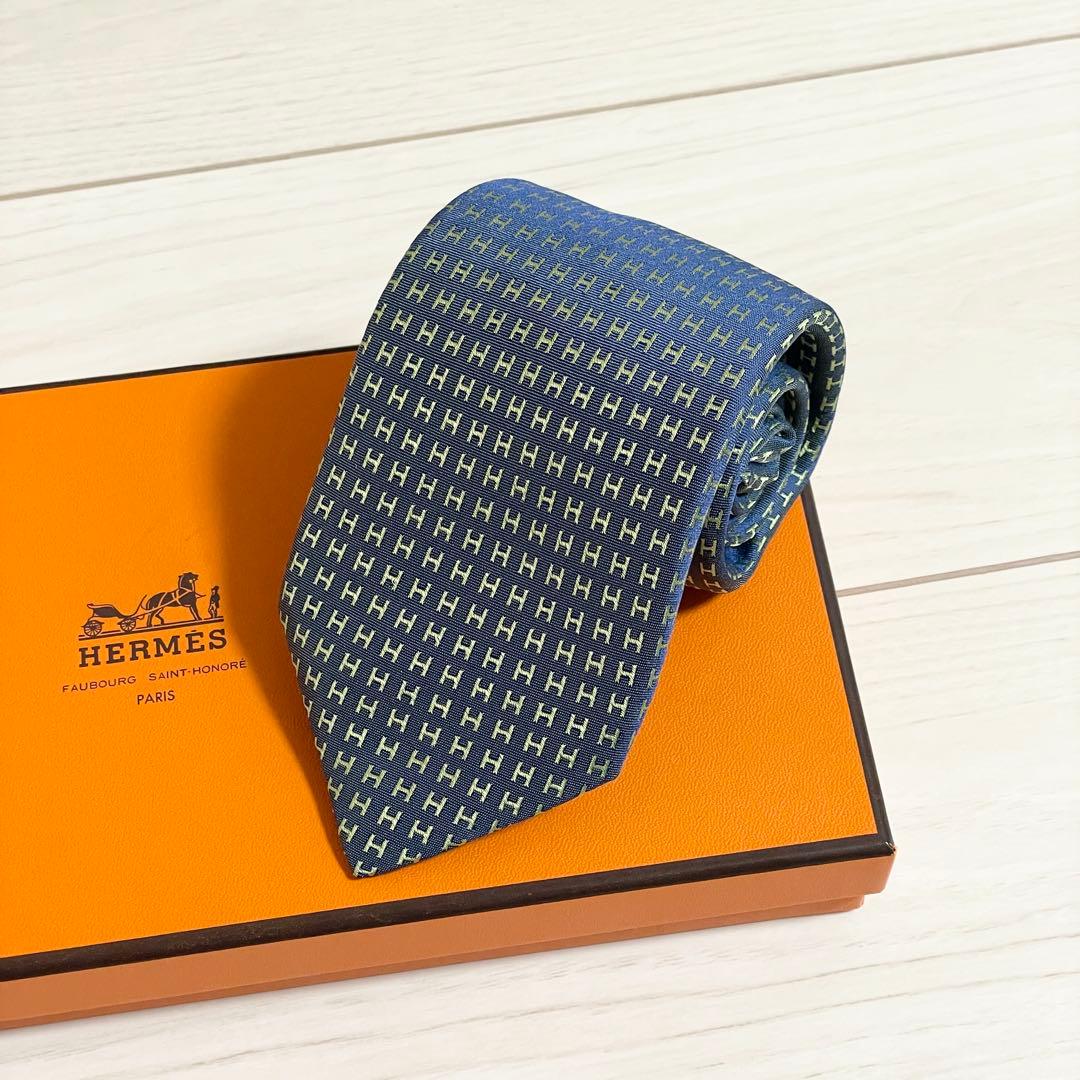 HERMES　エルメス　ネクタイ　ファソネ　総H柄 H織　ブルー　グリーン　青
