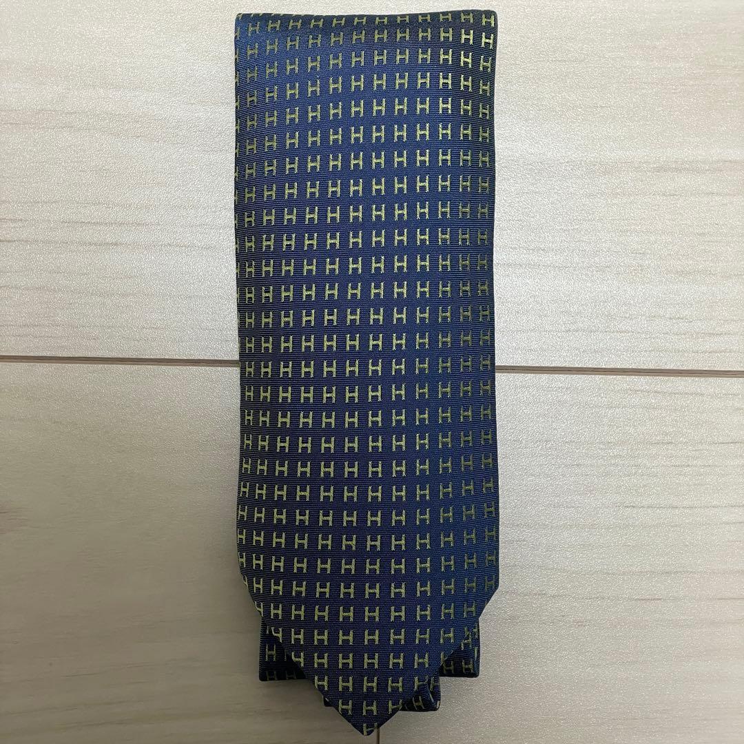 HERMES　エルメス　ネクタイ　ファソネ　総H柄 H織　ブルー　グリーン　青