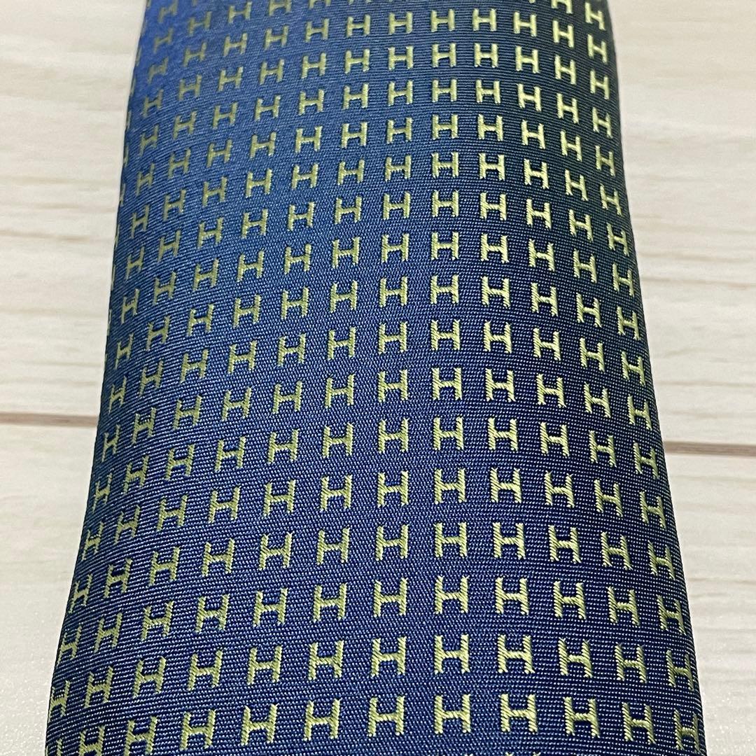 HERMES　エルメス　ネクタイ　ファソネ　総H柄 H織　ブルー　グリーン　青