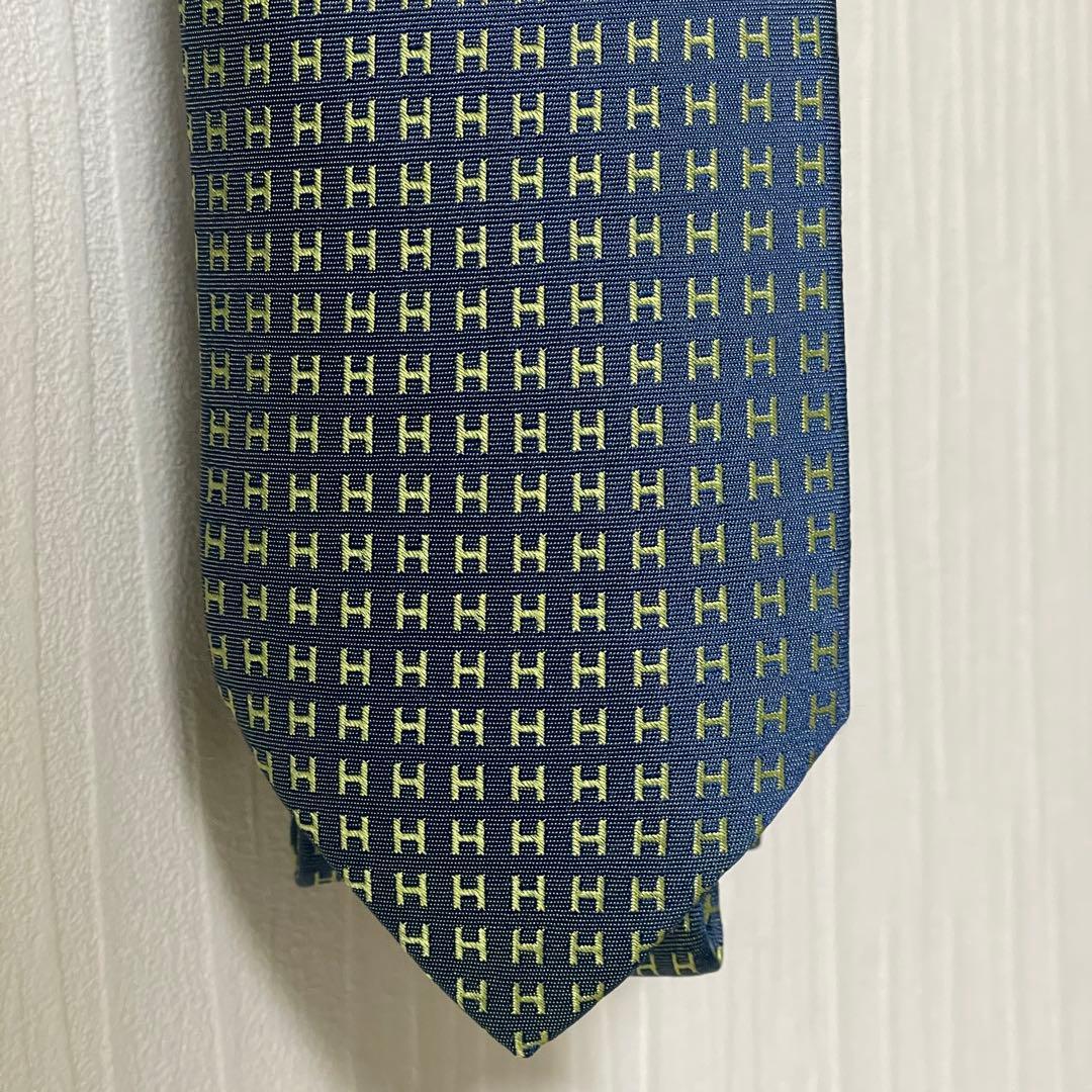 HERMES　エルメス　ネクタイ　ファソネ　総H柄 H織　ブルー　グリーン　青