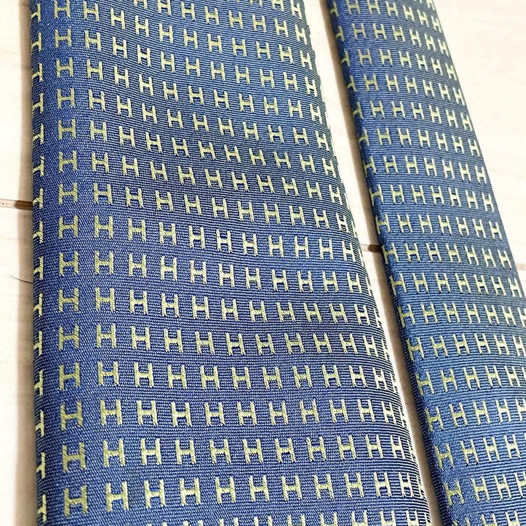 HERMES　エルメス　ネクタイ　ファソネ　総H柄 H織　ブルー　グリーン　青