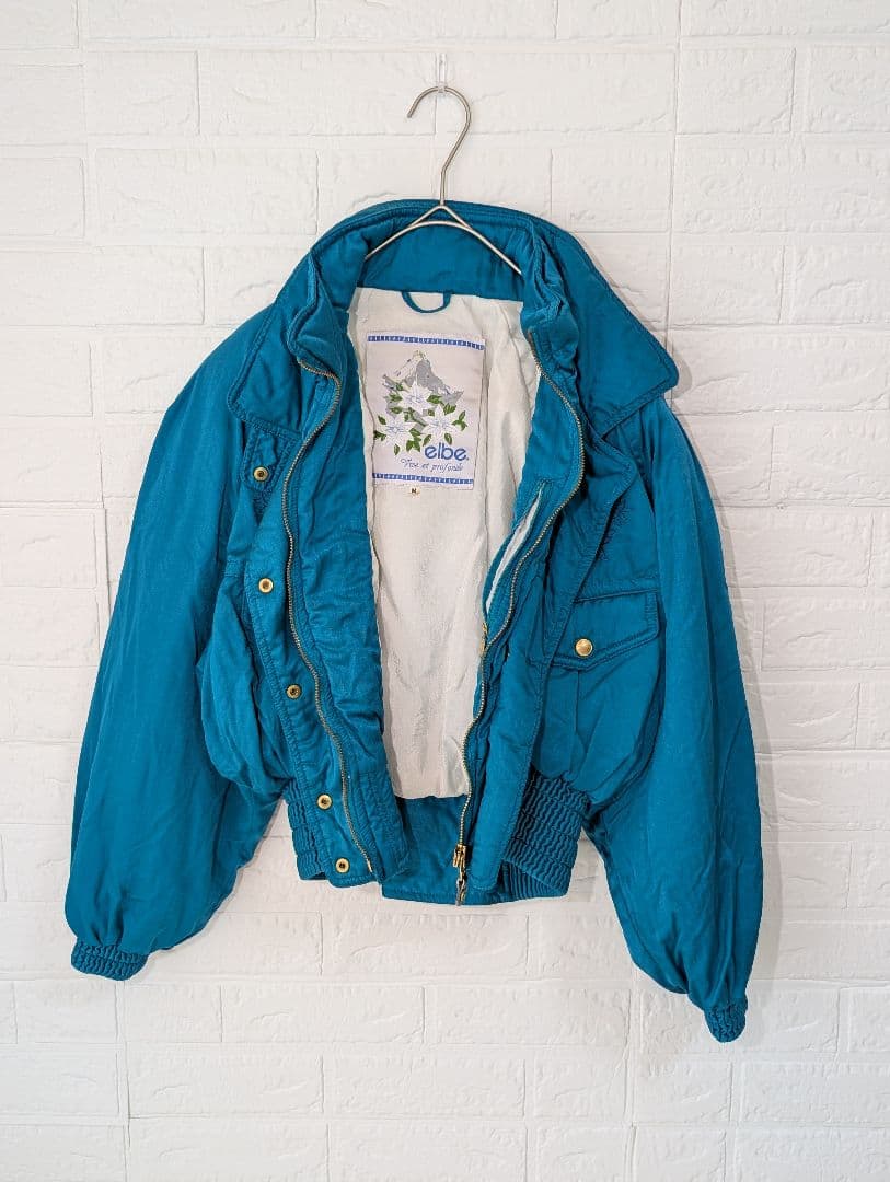 80s 古着 ブルゾン ダウン ジャケット 刺繍 vintage レトロ ブルー