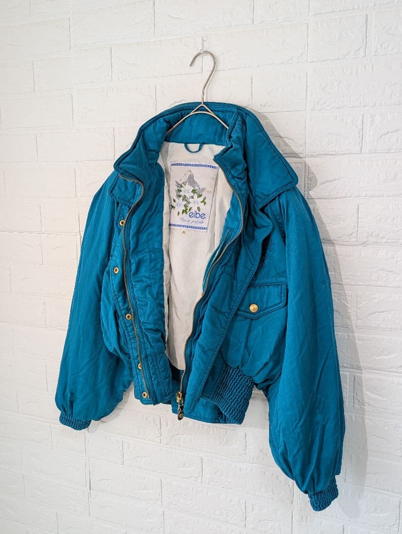 80s 古着 ブルゾン ダウン ジャケット 刺繍 vintage レトロ ブルー