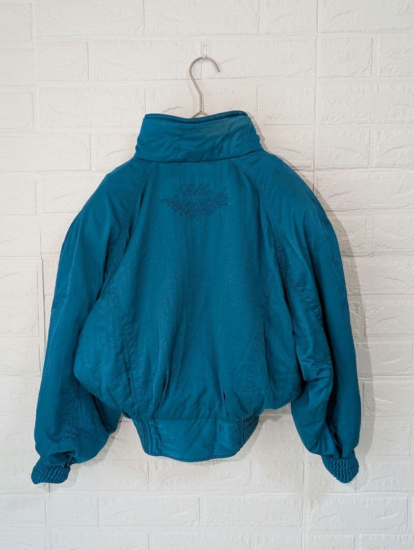 80s 古着 ブルゾン ダウン ジャケット 刺繍 vintage レトロ ブルー