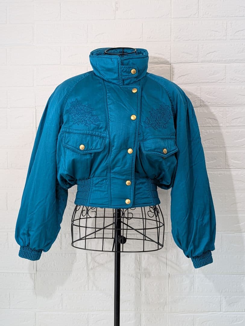 80s 古着 ブルゾン ダウン ジャケット 刺繍 vintage レトロ ブルー