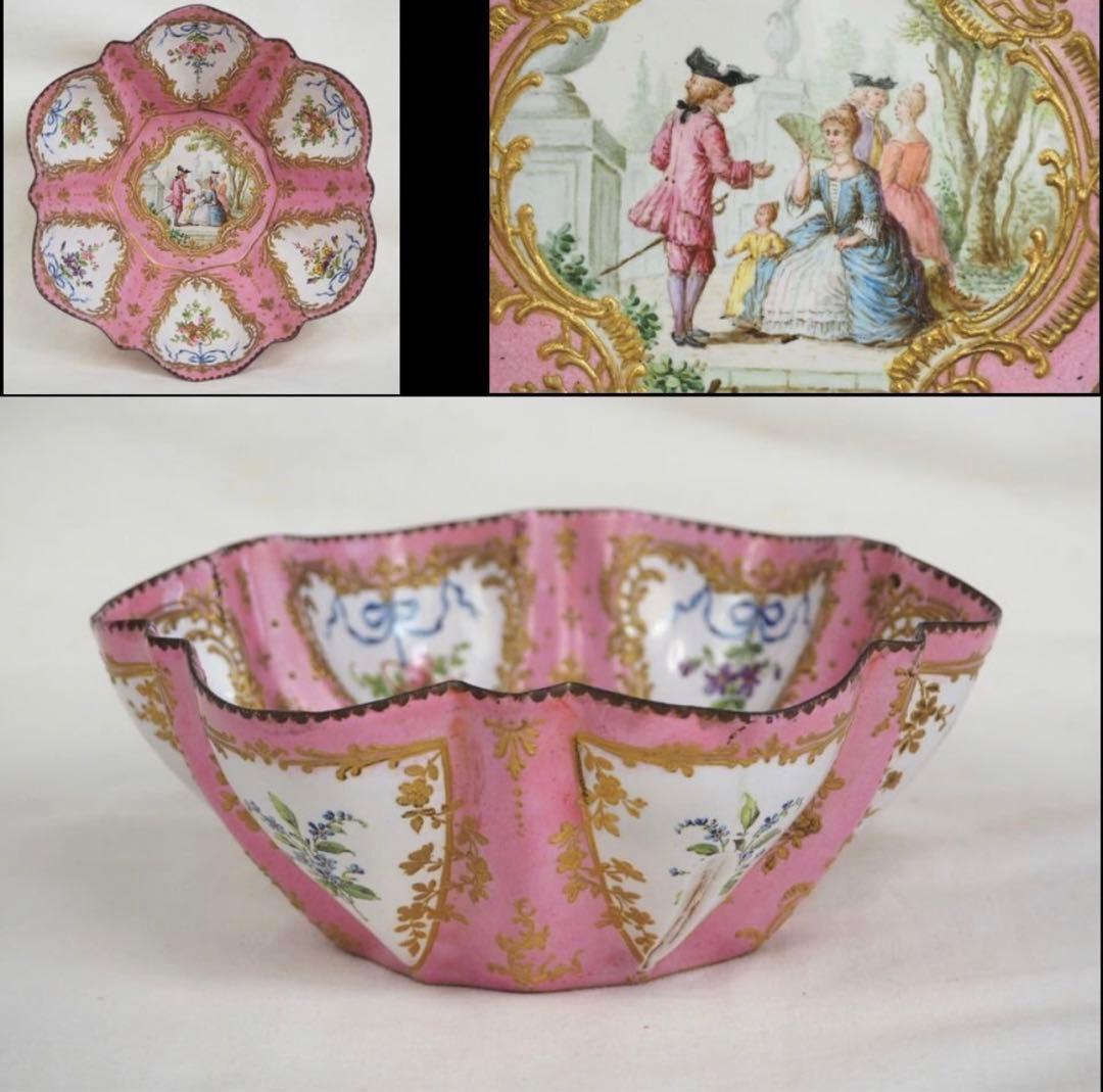 きなこ☆送料無料　18世紀フランス　総手描き　描画七宝/銅胎画琺瑯　鉢