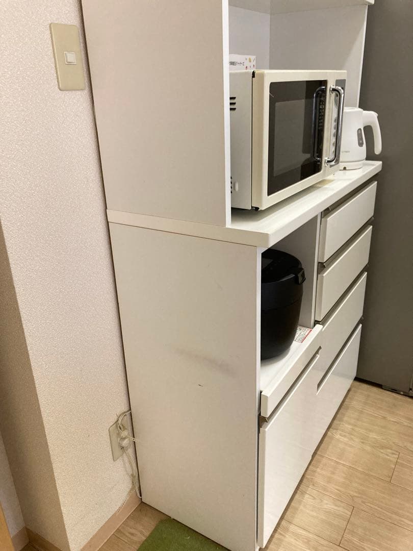 食器棚 キッチンボード 90cm レンジ台 キッチン収納家具 艶あり鏡面ホワイト