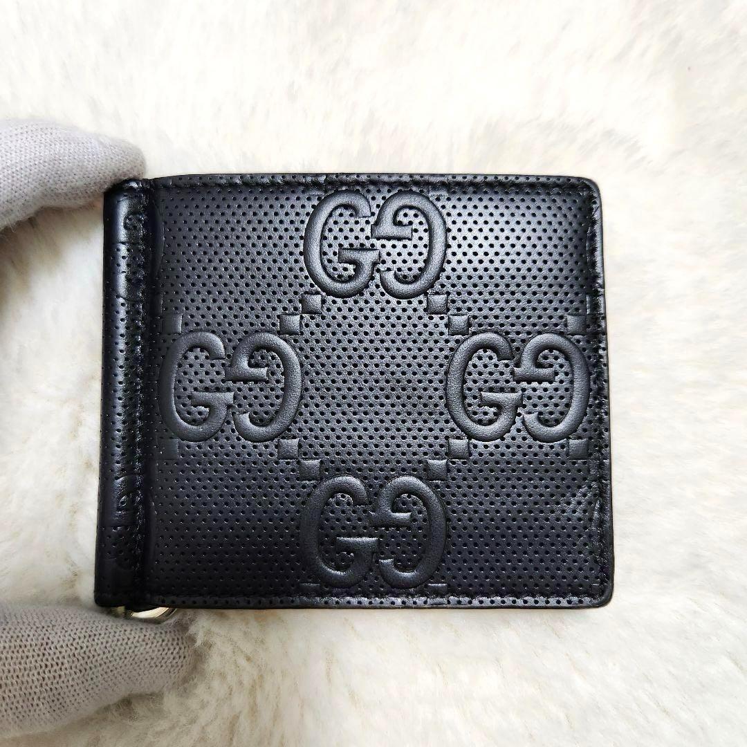 ✨未使用級　付属品完備✨グッチ　マネークリップ　エンボスレザー　ブラック　黒