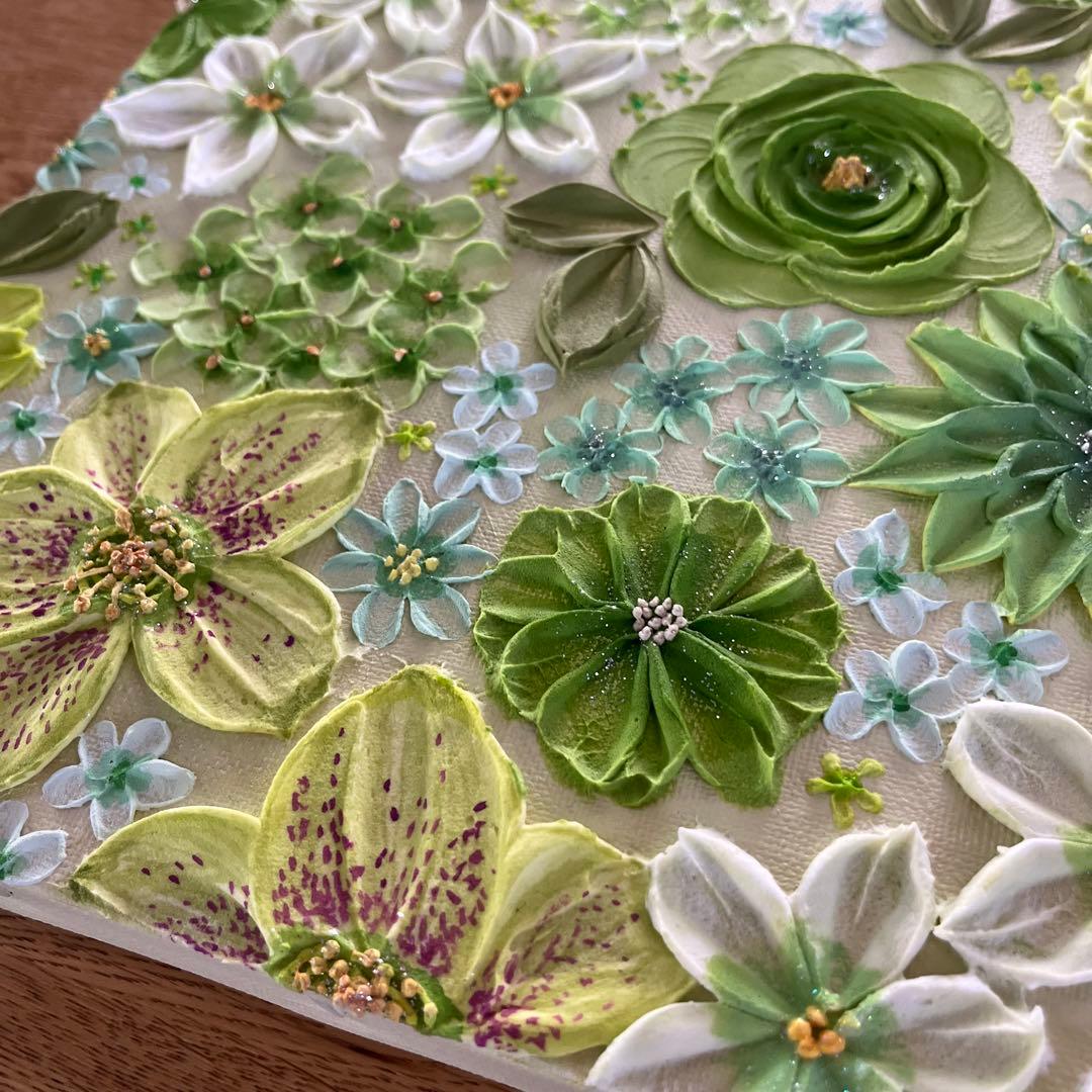 緑系 立体 花柄　アクリルアート テクスチャーアート ボタニカル 緑の花柄