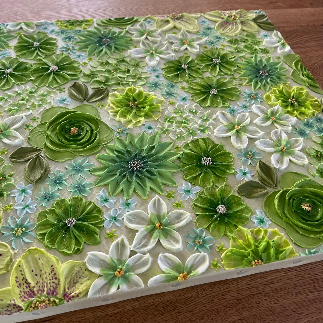 緑系 立体 花柄　アクリルアート テクスチャーアート ボタニカル 緑の花柄