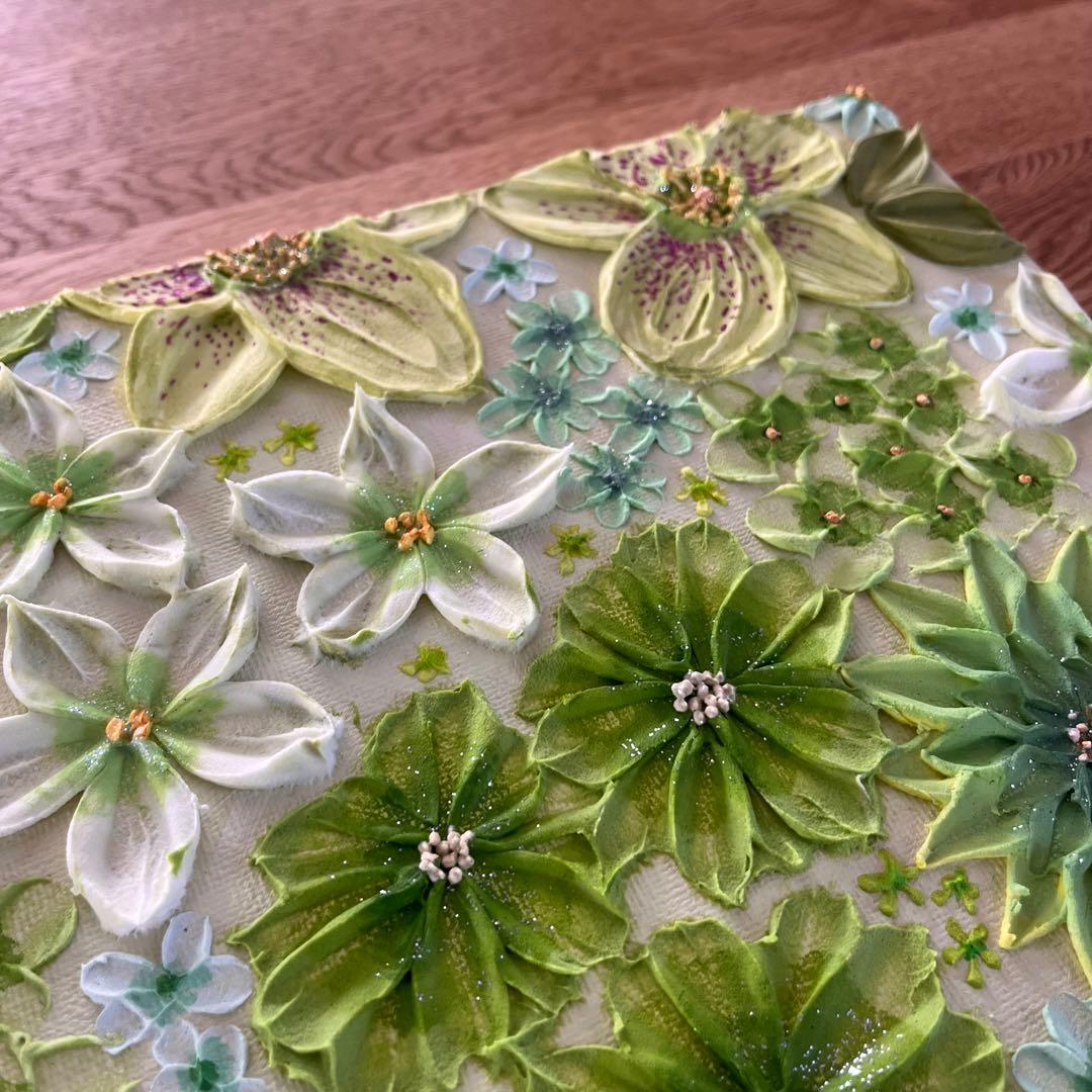 緑系 立体 花柄　アクリルアート テクスチャーアート ボタニカル 緑の花柄