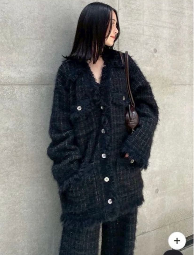 ジャケット・アウター ameri vintage TWEED FRINGE KNIT CARDIGAN