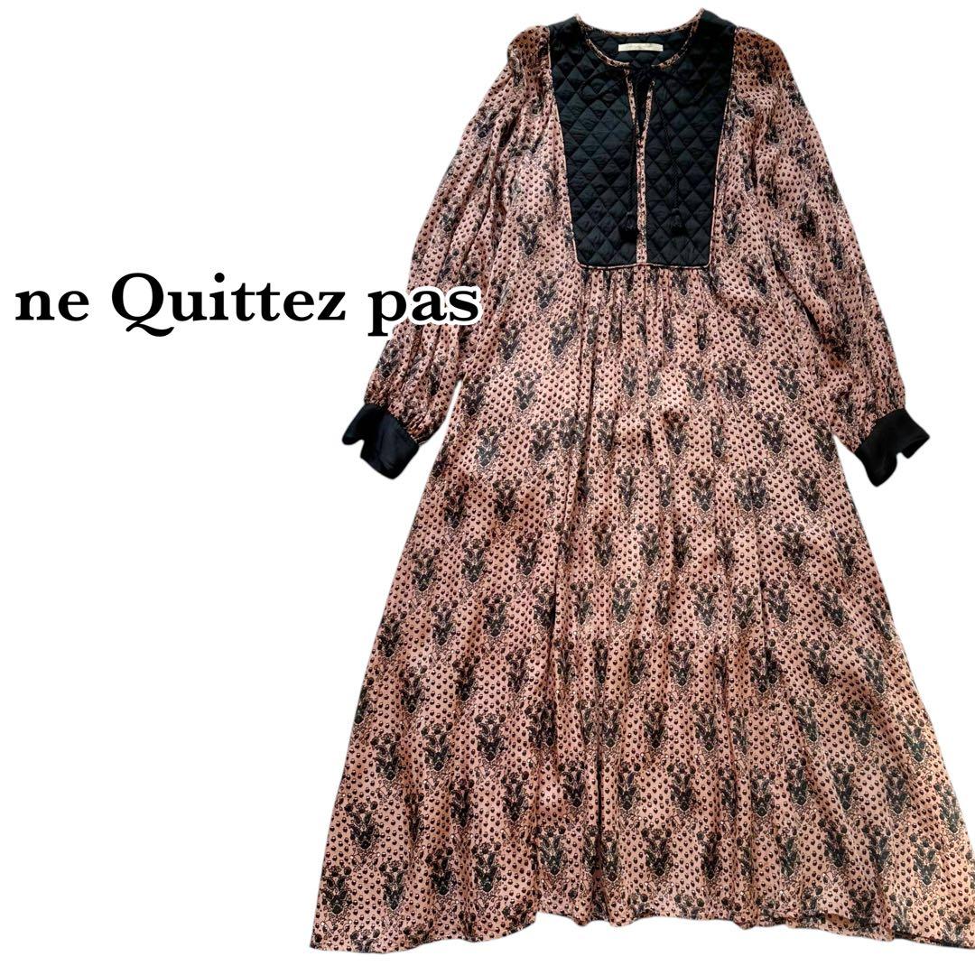 ヌキテパ キルティング切替 フラワー柄ロングワンピース タッセル付