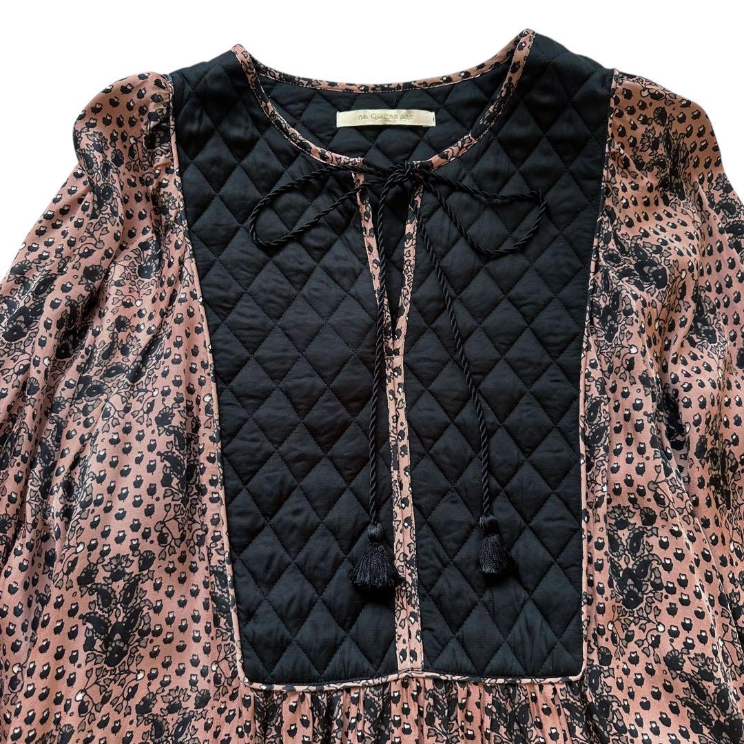 ヌキテパ キルティング切替 フラワー柄ロングワンピース タッセル付