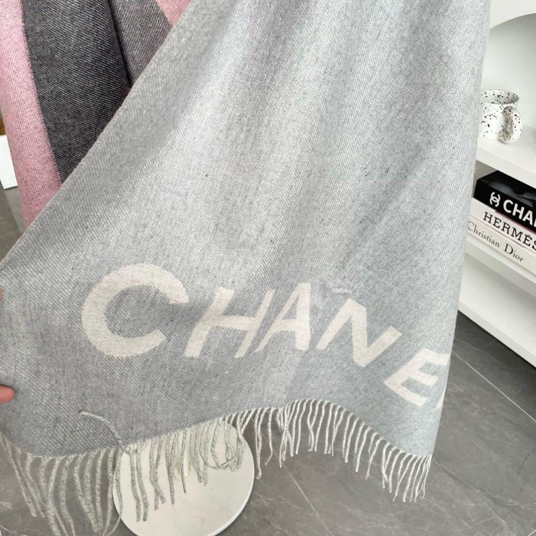 CHANEL マフラー　ピンク×グレー　大判ロゴ