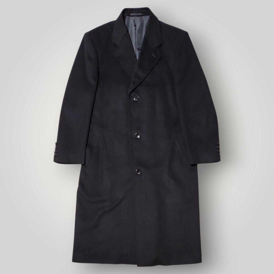 極美品 カシミヤ アンゴラ混 115cmマキシ丈 チェスターコート M 黒