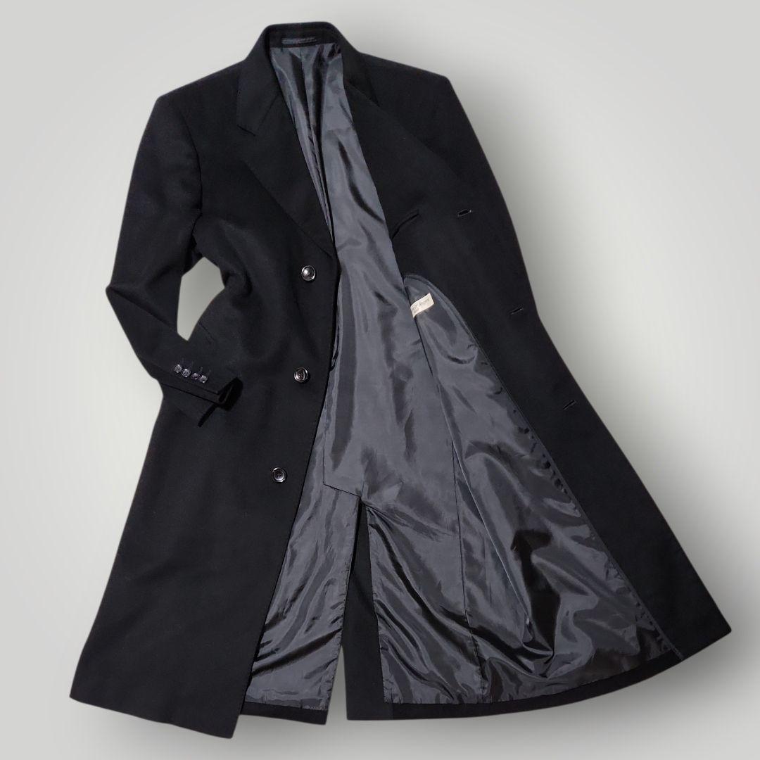 極美品 カシミヤ アンゴラ混 115cmマキシ丈 チェスターコート M 黒