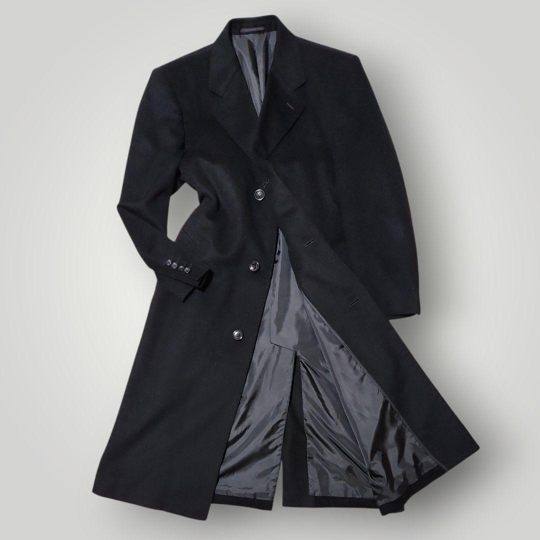 極美品 カシミヤ アンゴラ混 115cmマキシ丈 チェスターコート M 黒