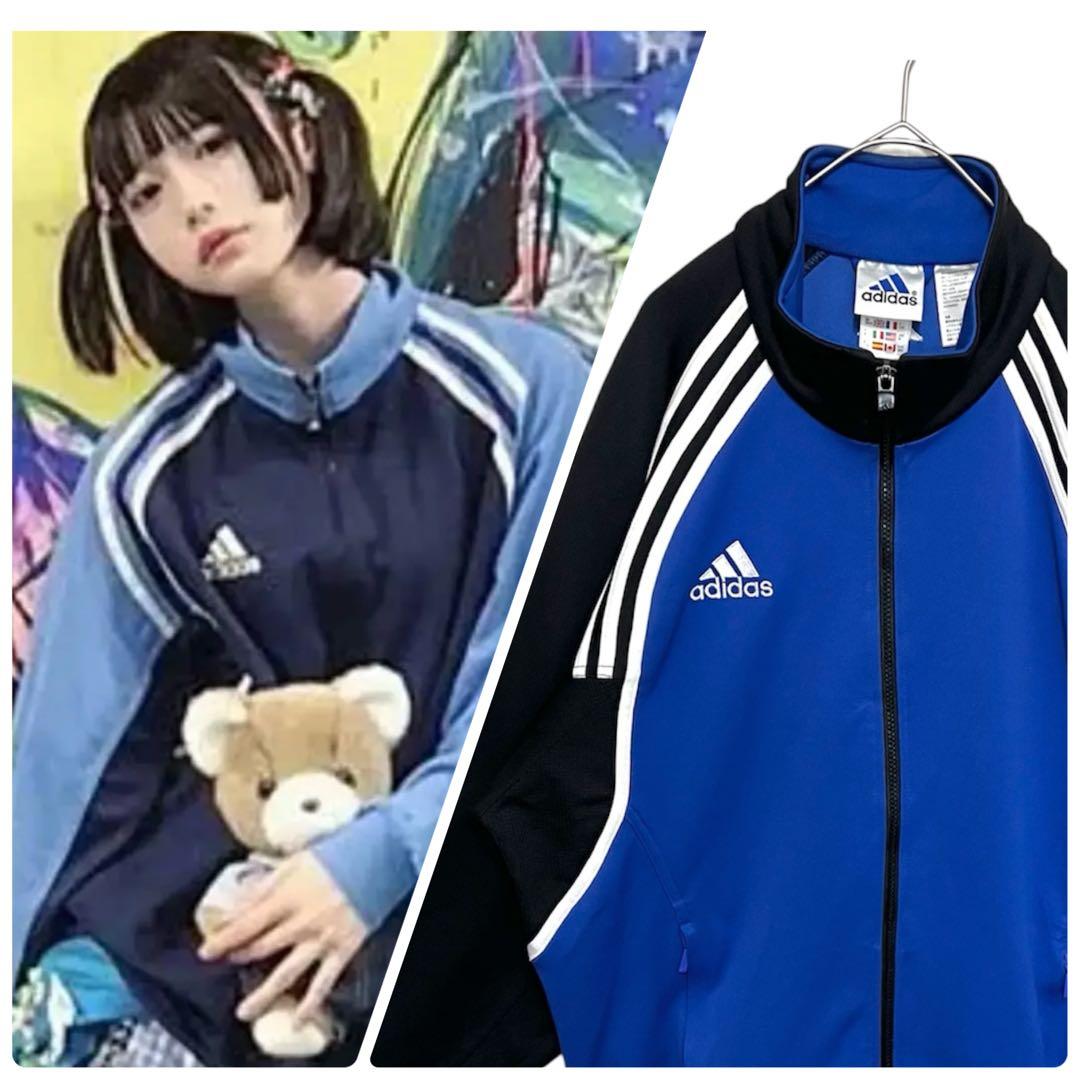 【美品‼️】 90s adidasトラックジャケット あのちゃん L 青 黒 古着