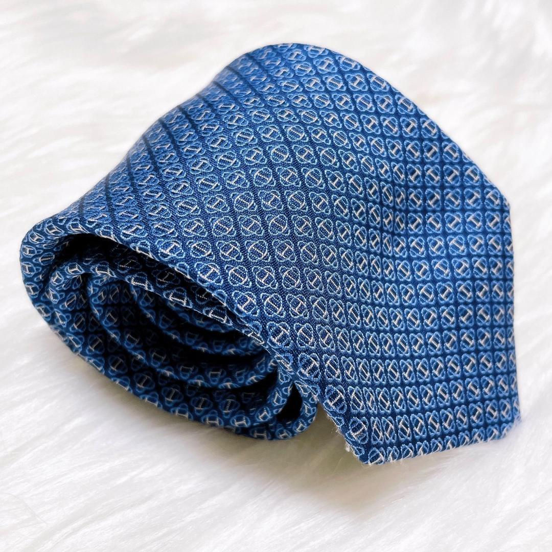 希少柄　HERMES エルメス　ブルー　幾何学模様 ネクタイ　シルク　近代