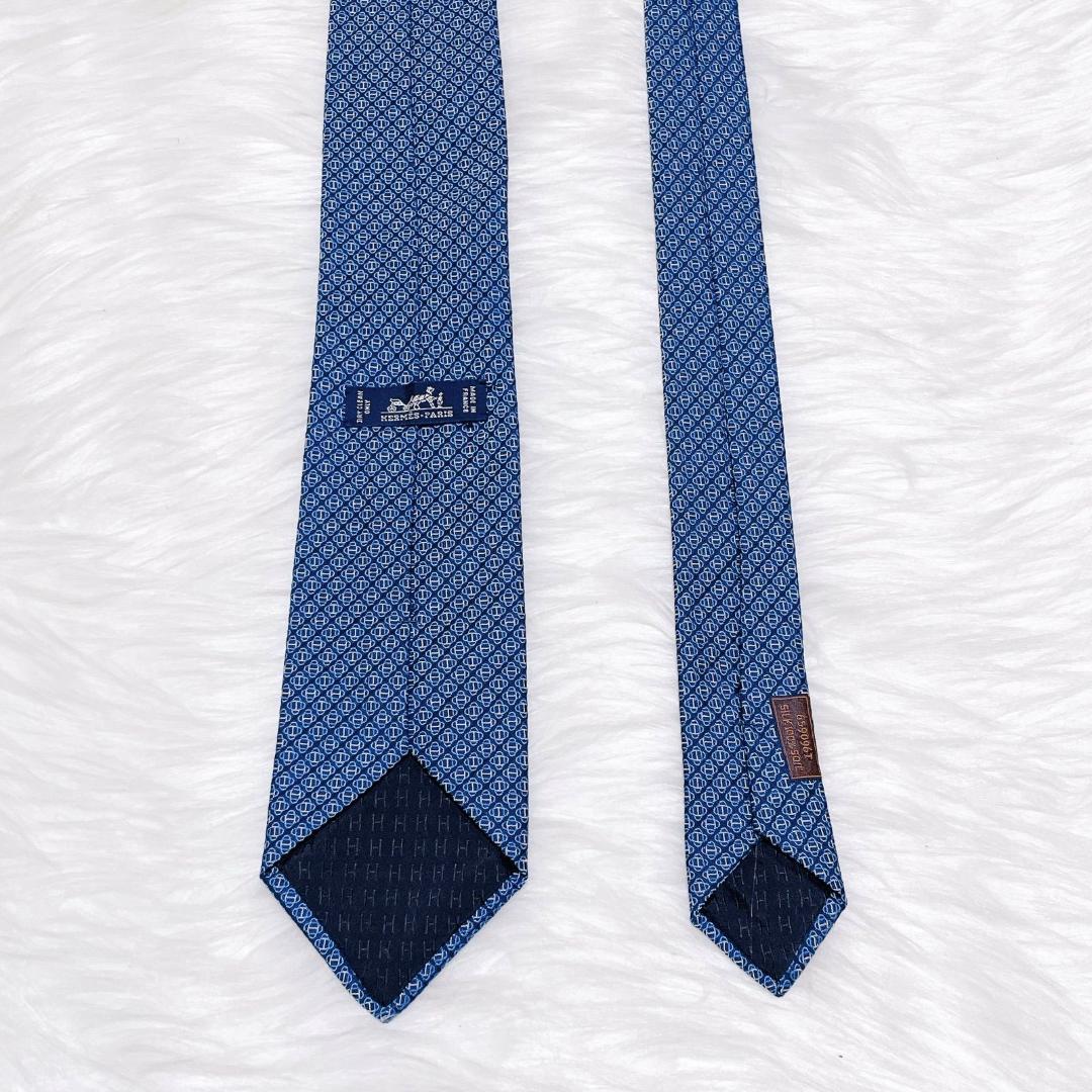 希少柄　HERMES エルメス　ブルー　幾何学模様 ネクタイ　シルク　近代