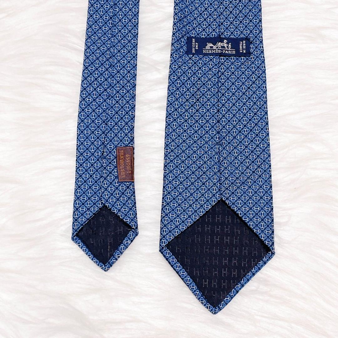 希少柄　HERMES エルメス　ブルー　幾何学模様 ネクタイ　シルク　近代