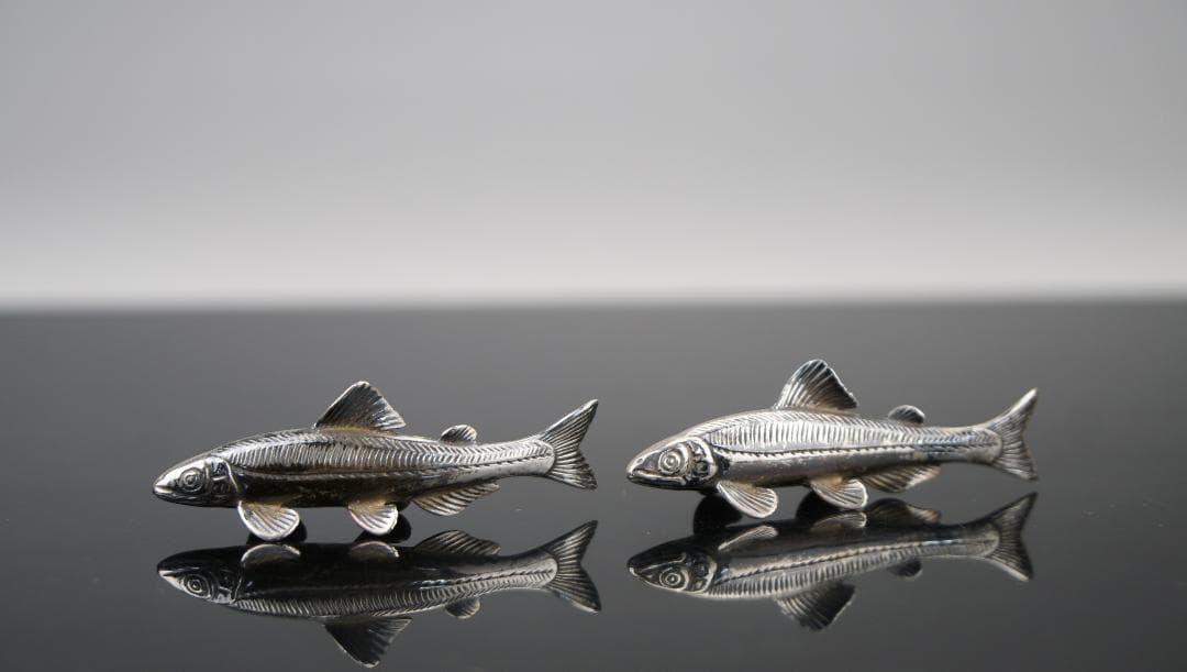 希少品！京都　清課堂　銀製　銀鮎　壱対　裏に刻印【梅】＆【銀製】有　共箱　茶道具