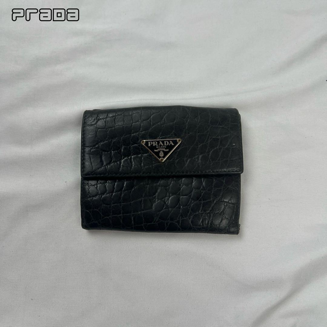 小物 PRADA Crocodile compact wallet black