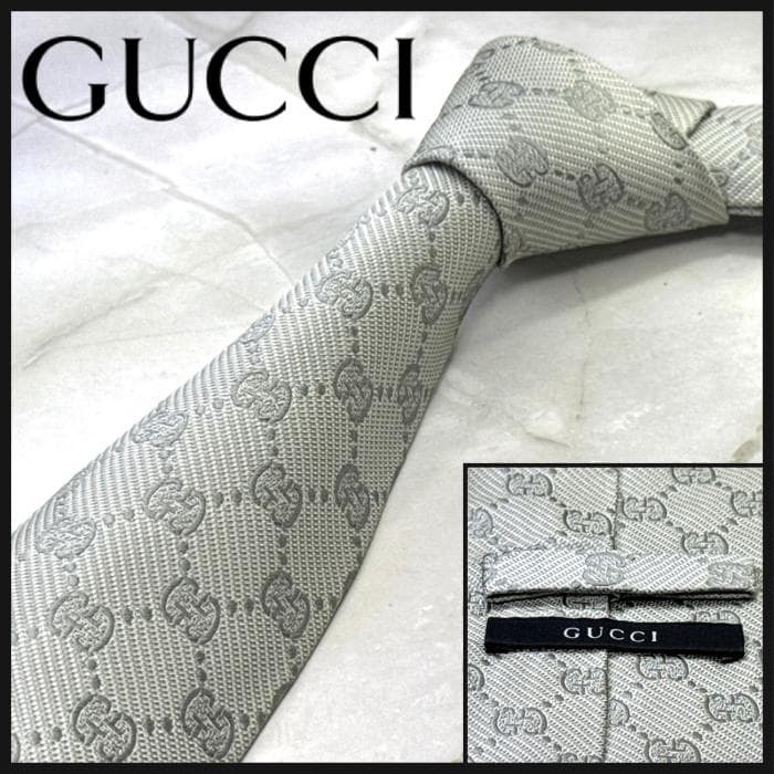 ☆即発 Gucci グッチ ネクタイ GG総柄 シルバーグレー 高級シルク 美品