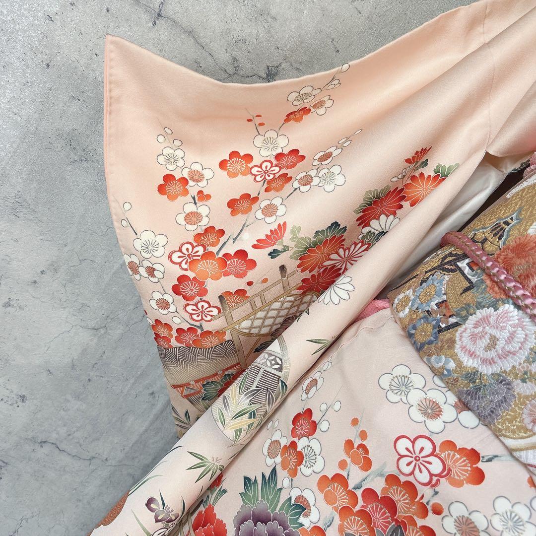 振袖フルセット　正絹　古典柄　難あり　ピンクベージュ　可愛い　m4