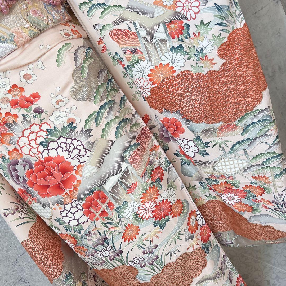 振袖フルセット　正絹　古典柄　難あり　ピンクベージュ　可愛い　m4