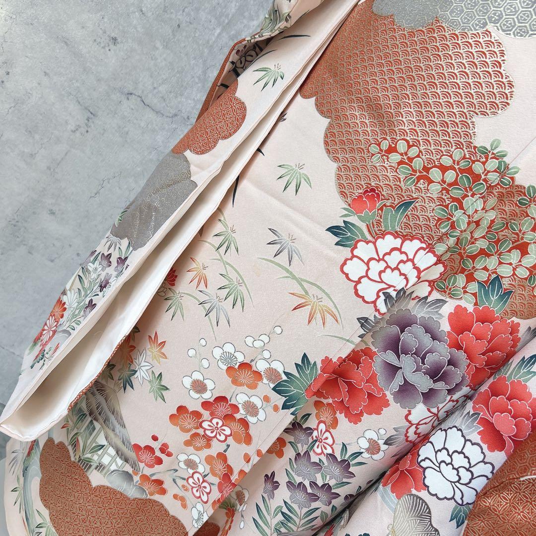 振袖フルセット　正絹　古典柄　難あり　ピンクベージュ　可愛い　m4