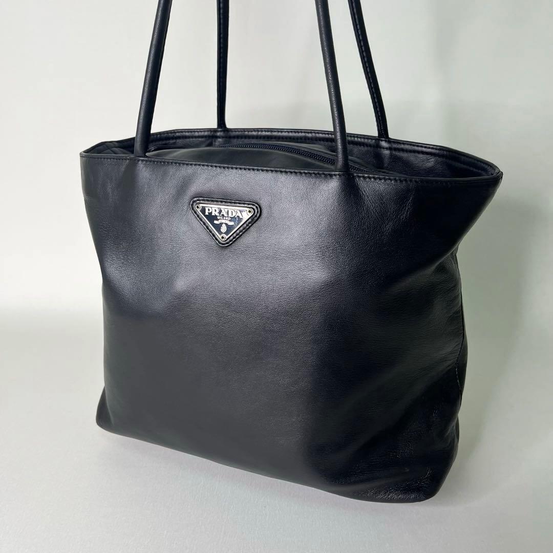 【希少】PRADA/ナッパレザー/トートバッグ/オールレザー/三角ロゴ/ラム