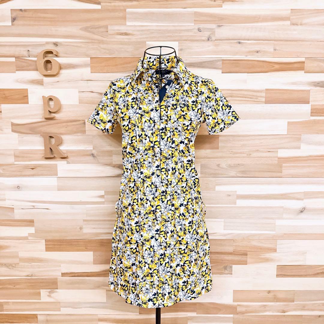 美品【キャロウェイ】花柄 半袖ポロシャツ ワンピース 総柄 ゴルフ S 黄×白