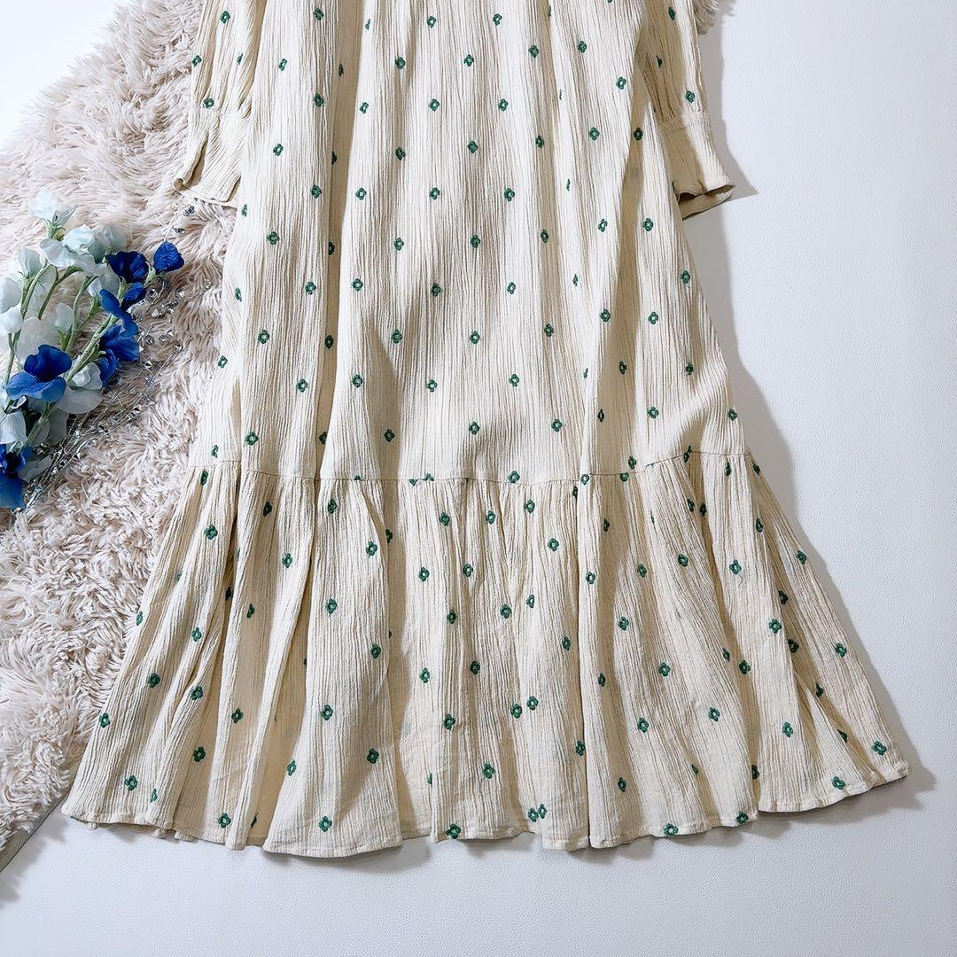 美品ꕥヌキテパ 近年 コットンガーゼフルエンブロイダリーフリルカラードレス M