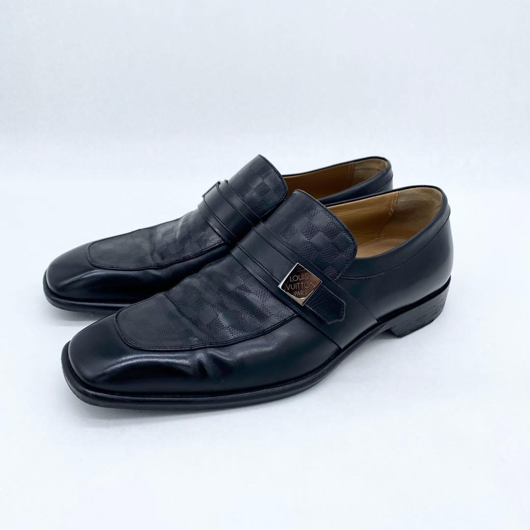 A17853 ルイヴィトン ダミエライン ロゴ金具 レザーローファー 黒 UK7