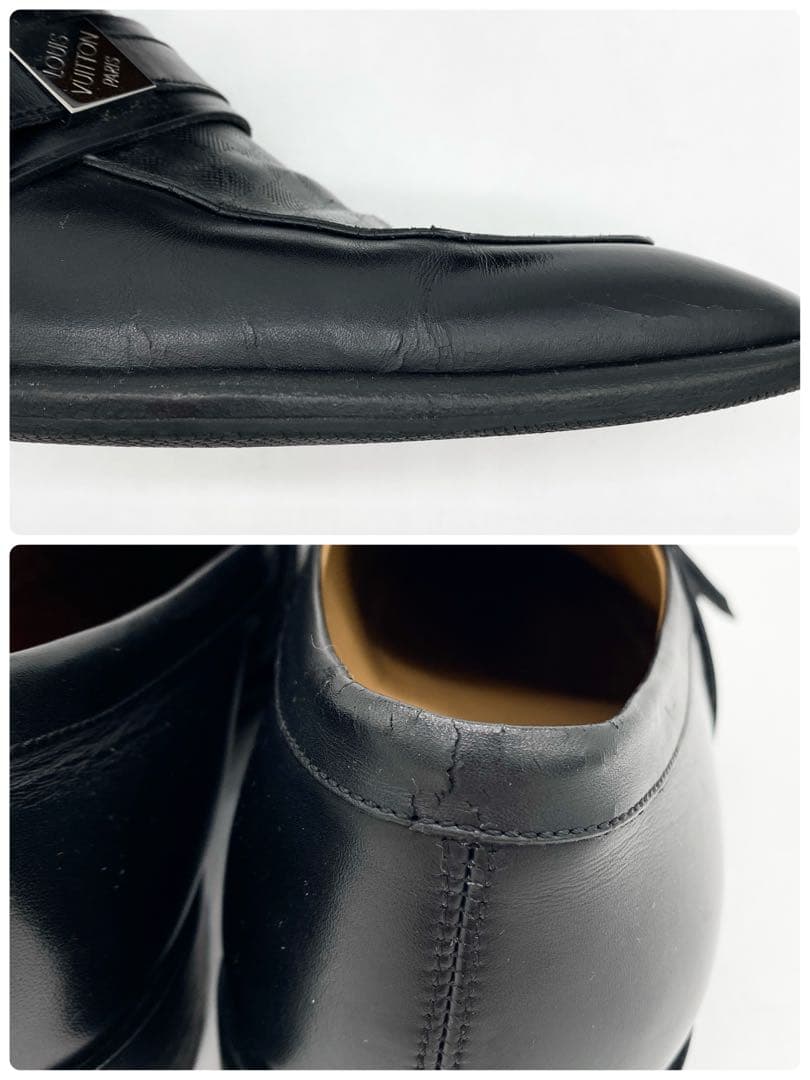 A17853 ルイヴィトン ダミエライン ロゴ金具 レザーローファー 黒 UK7