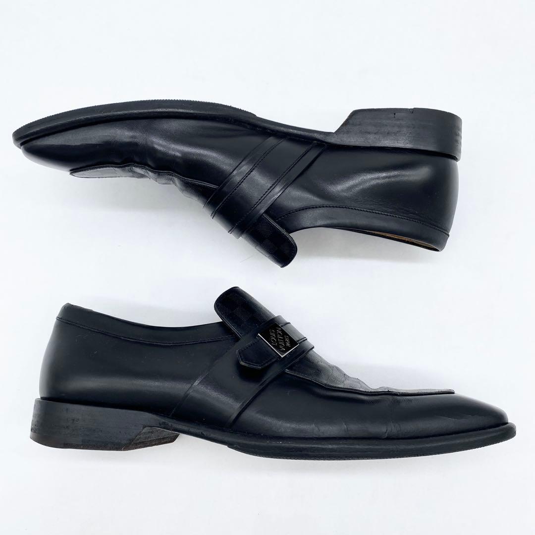 A17853 ルイヴィトン ダミエライン ロゴ金具 レザーローファー 黒 UK7