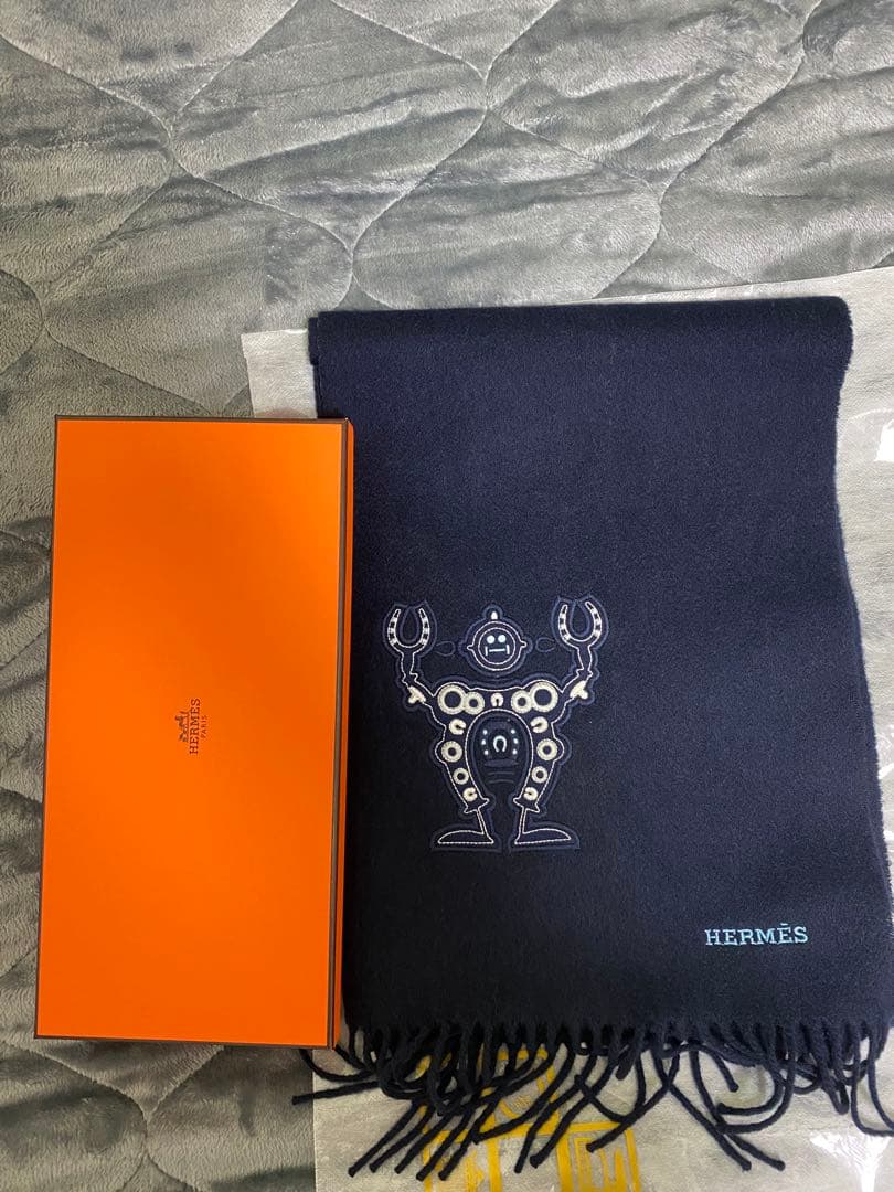 HERMES マフラー 『ハロー・ミスター・ファリエール』 ロボットネイビー