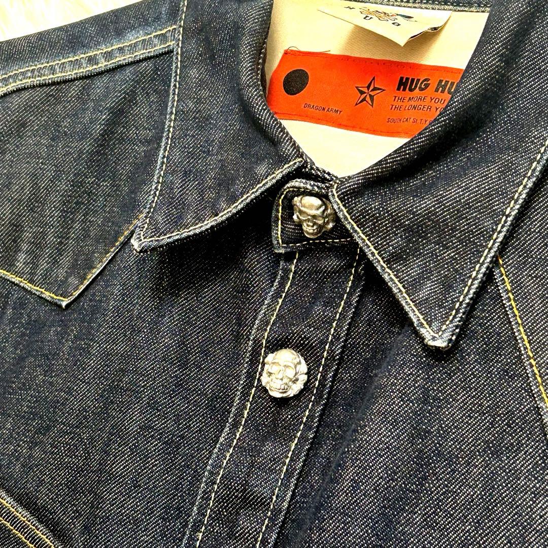 【希少】HUG クリームソーダ ピンクドラゴン スカルボタン デニムシャツ