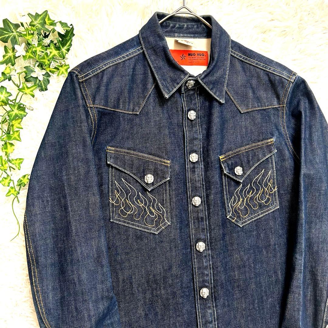 【希少】HUG クリームソーダ ピンクドラゴン スカルボタン デニムシャツ