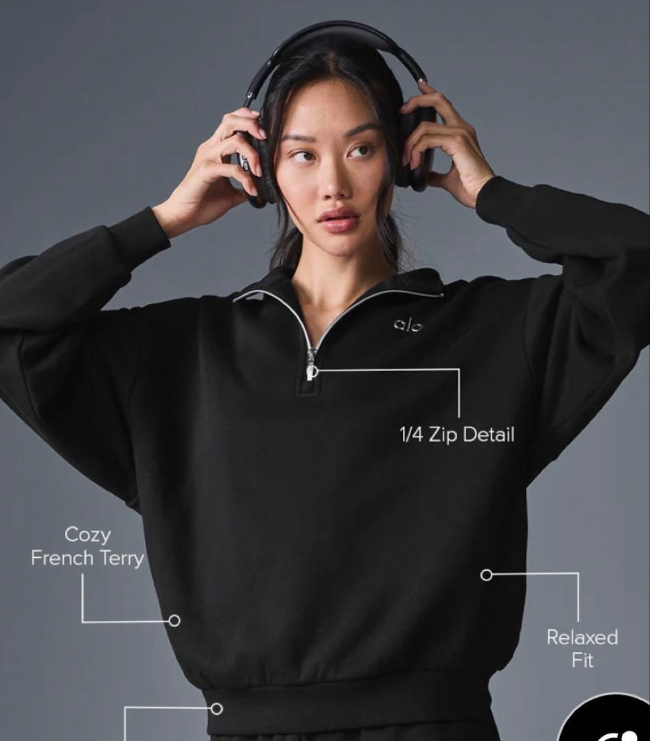 新品/alo ヨガ:ブラック ハーフジップ スウェット Lサイズ(男女兼用)