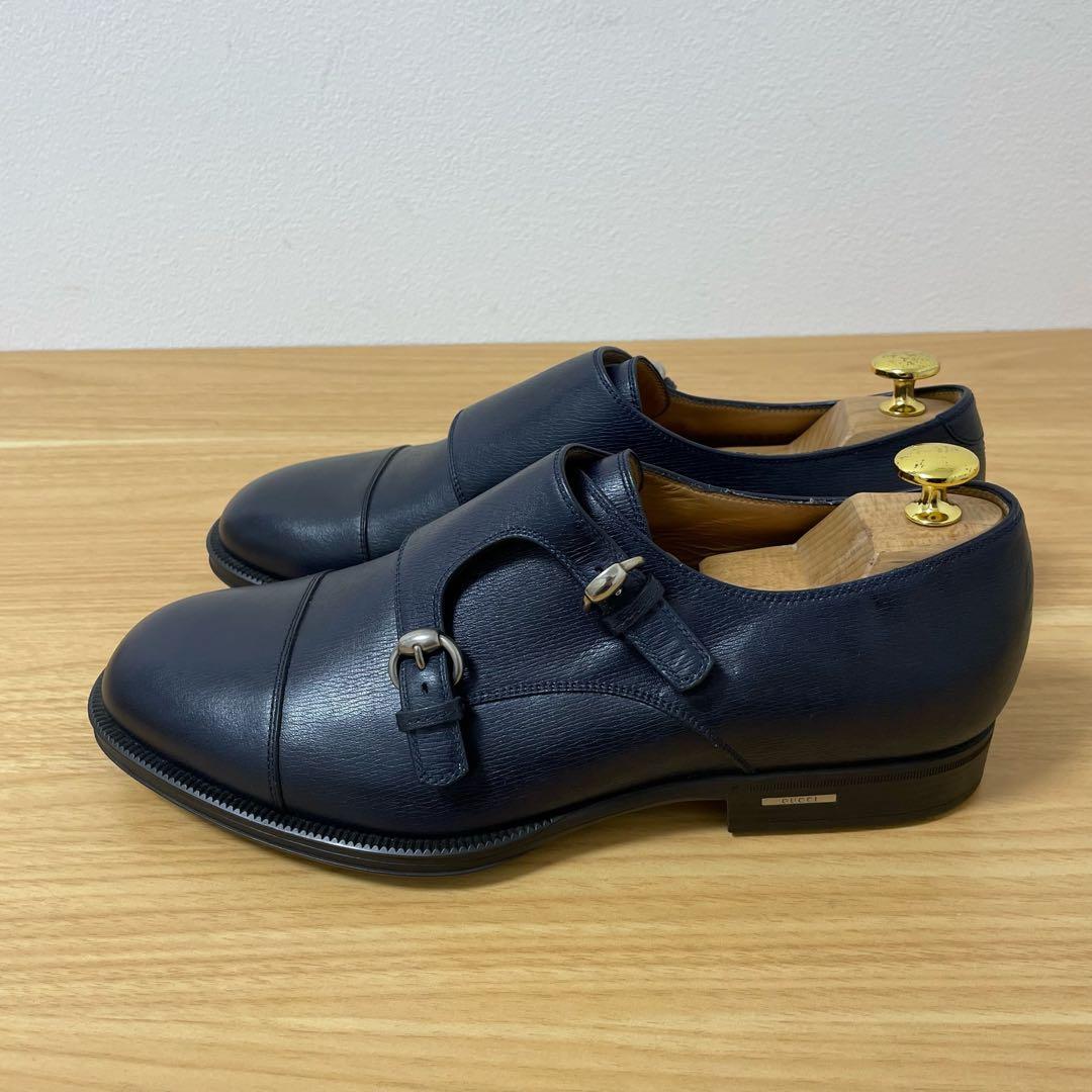 グッチ　ダブルモンクレザーシューズ　ネイビー 322478 9.5