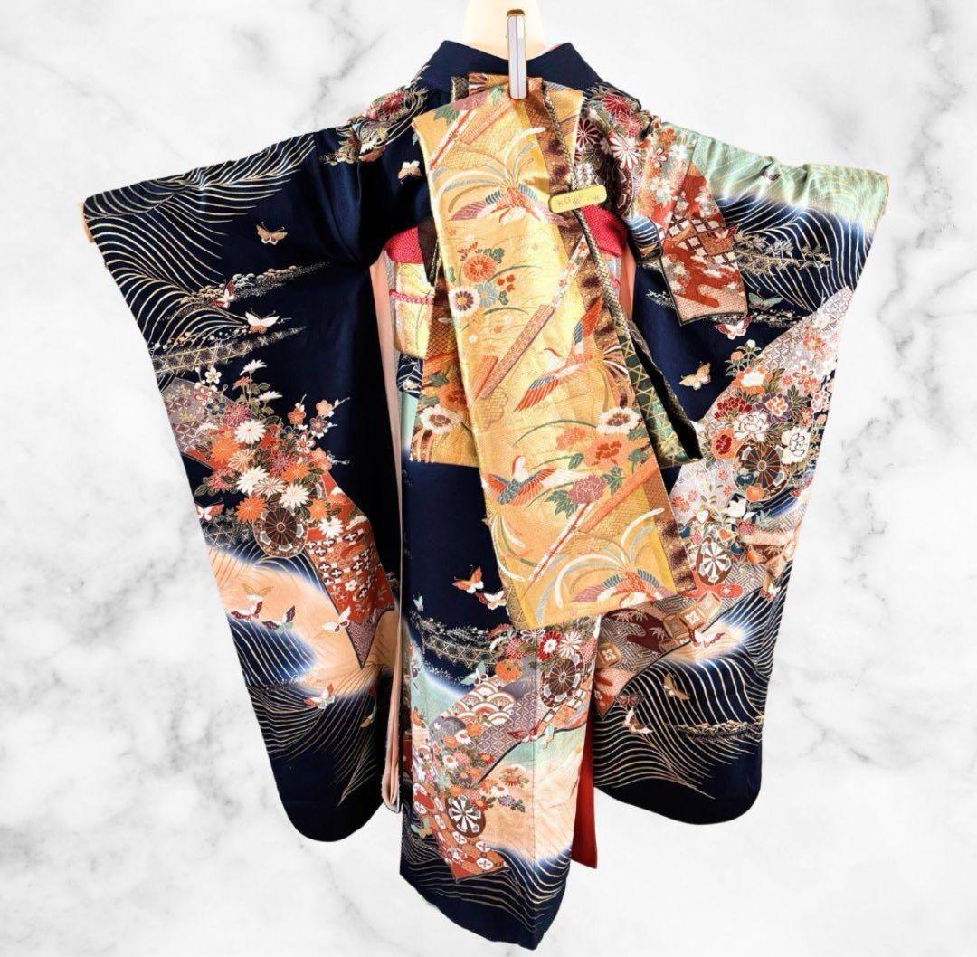 美品 振袖 フルセット 身丈155 正絹 刺繍衿 ネイビー 紺